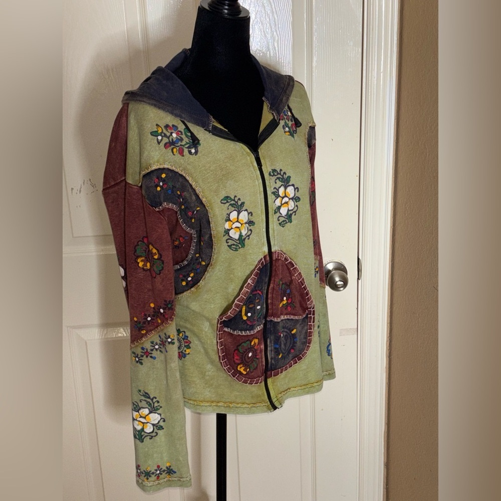 Rising International Boho Patchwork Hippie Zip Up Hoodie Jacket Nepal Size L​​ - Picture 4 of 10